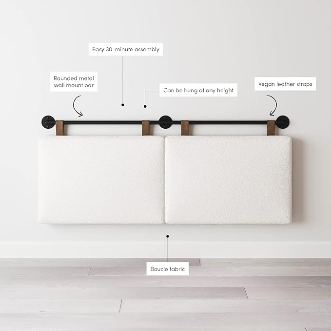 Nathan James Charlie Wall Mount Hanging Upholstered Headboard, Queen, White Boucle with Brown Faux Leather Straps