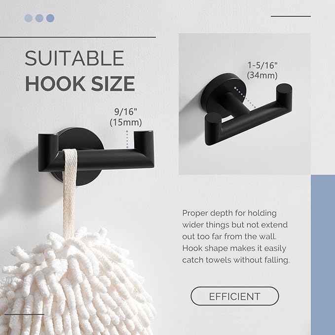 Angle Simple Double Towel Hook, Stainless Steel Bathroom Hand Towel Holder, Coat Hook for Wall, Matte Black