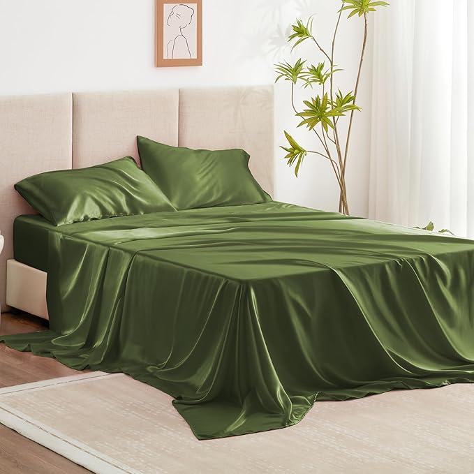 Love's cabin California King Satin Sheet Sets - 4 Piece Sage Silky Sheets Bed Set with Deep Pocket, Luxury Silk Feel Satin Cal King Sheet Set (1 Flat Sheet,1 Fitted Sheet,2 Pillow Cases)