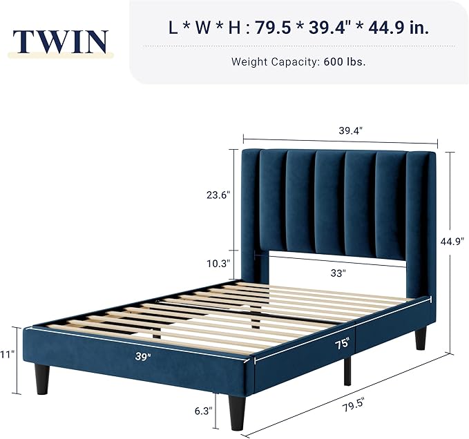 Allewie Twin Bed Frame/Velvet Upholstered Bed Frame with Vertical Channel Tufted Headboard/Strong Wooden Slats/Platform Bed Frame/Mattress Foundation/Box Spring Optional/Easy Assembly/Navy Blue