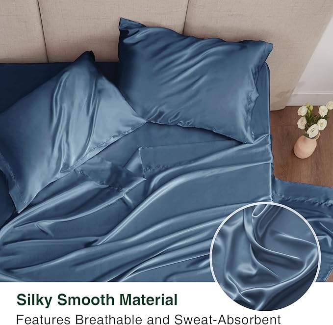 Love's cabin Satin Queen Sheets Set - 4 Piece Ash Blue Silky Bed Sheets Set with Deep Pocket, Luxury Silk Feel Satin Queen Size Sheet Set (1 Flat Sheet,1 Fitted Sheet,2 Pillow Cases)