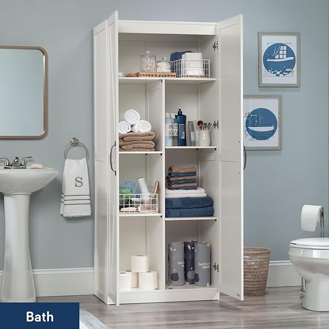 Sauder HomePlus Farmhouse Multipurpose Storage Cabinet Tall Pantry with Adjustable Shelves, in White Finish