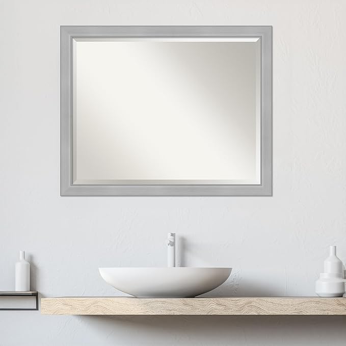Amanti Art Silver Bathroom Mirror for Over Sink, 25x31 Vista Brushed Nickel Narrow Rectangle Vanity Mirror, Large Casual Frame, Hangs Horizonally and Vertically, Bathroom Wall Decor, Beveled Edge