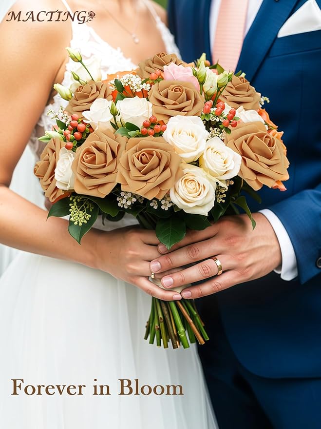 MACTING 30PCS Artificial Flower Roses Real Touch Fake Rose Flowers with Stem Gold Yellow Foam Roses for DIY Wedding Bouquet Table Centerpieces Party Baby Shower Spring Home Mothers Day Decorations