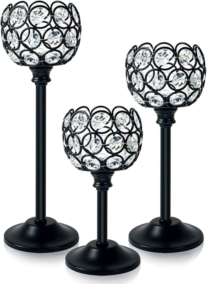 Crystal Metal Tealight Candlestick, Bling Bowl Candelabras, Tall Crystal Votive Candle Holders Elegant Crystal Candle Centerpiece for Dining Table Wedding Decor (Set of 3, Balck)