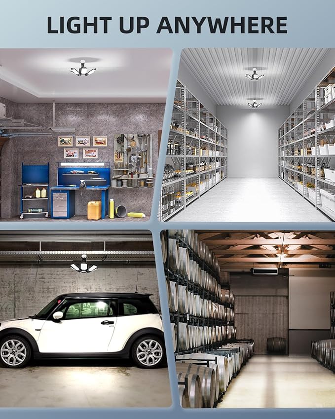 Adiding Rotatable LED Garage Light 4 Pack, 48000Lm Super Bright Basement Lighting Fixture w/ 6 Adjustable Panels Screw in E26 E27 Bulb Base for Workshop Attic Barn Ceiling Warehouse Gym Utility