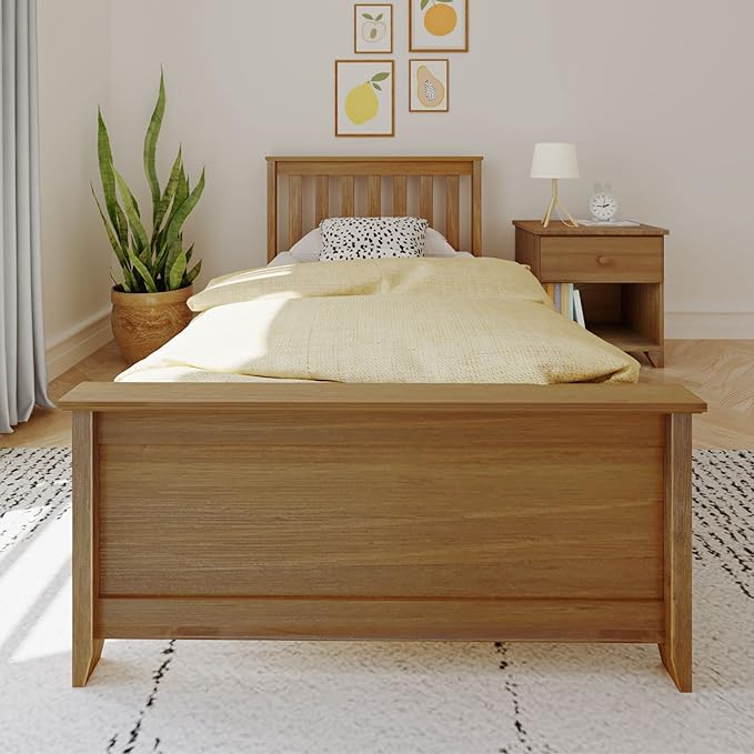 Max & Lily Twin Bed Frame with Slatted Headboard, Solid Wood Platform Bed for Kids, No Box Spring Needed, Easy Assembly, Pecan