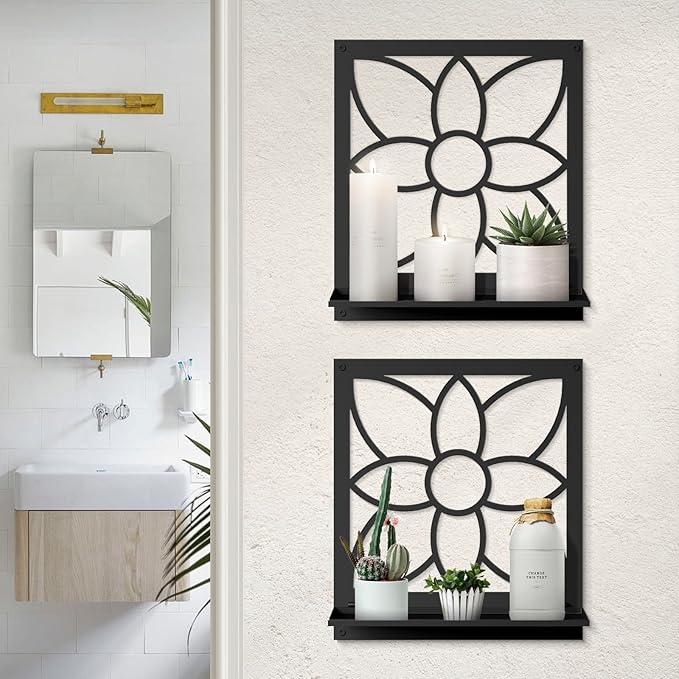 Flower Candle Wall Sconce, Retro Bathroom Wall Decor, Black Minimalism Wall Art for Living Room Bedroom Bathroom (2 Pack 11.8 x 13 in)