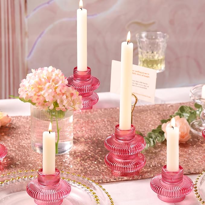 Pink Candlestick Holders Set of 10, Pink Glass Candle Holders for Pillar Candles, Taper Candle and Tealight Candles, Taper Candle Holders for Wedding, Table Centerpiece