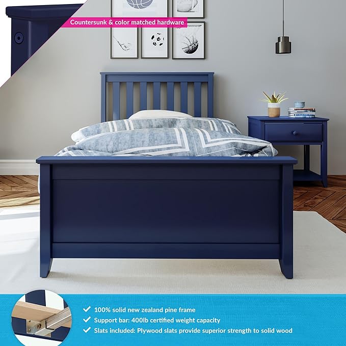Max & Lily Twin Bed Frame with Slatted Headboard, Solid Wood Platform Bed for Kids, No Box Spring Needed, Easy Assembly, Blue