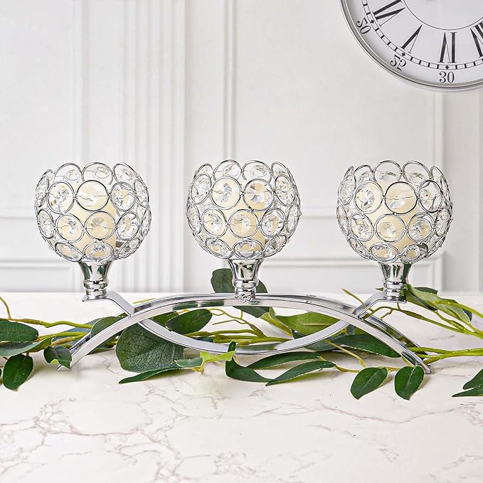Crystal Tealight Candle Holder Centerpiece Home Decorative Candlestick Holder Elegant Table Centerpiece Home Decor Wedding Party Anniversary (Silver, 3 Arm of 4 Pcs)