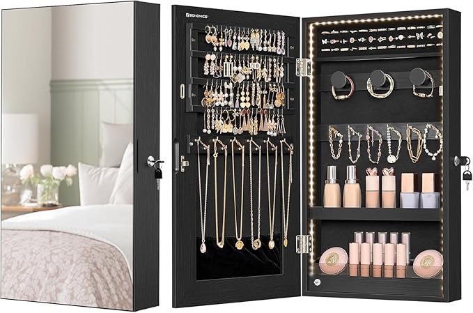 SONGMICS Mirror Jewelry Cabinet Armoire with Built-in LED Lights, Wall or Door Mounted Jewelry Storage Organizer, 3.8 x 14.6 x 26.4 Inches Hanging Mirror Cabinet, Gift Idea, Black UJJC050B01