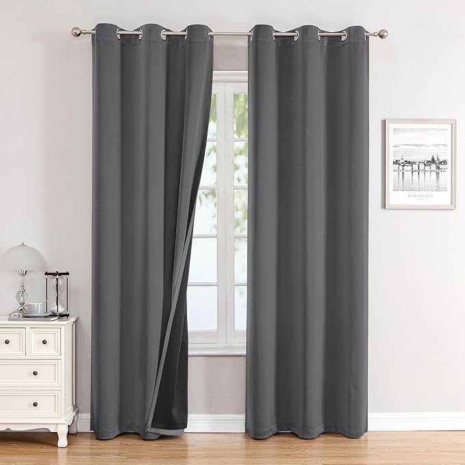ChrisDowa 100% Blackout Curtains for Bedroom with Black Liner, 2 Thick Layers Total Blackout Thermal Insulated Grommet Window Curtains 2 Panels Set (Grey, 42 x 84 Inch)
