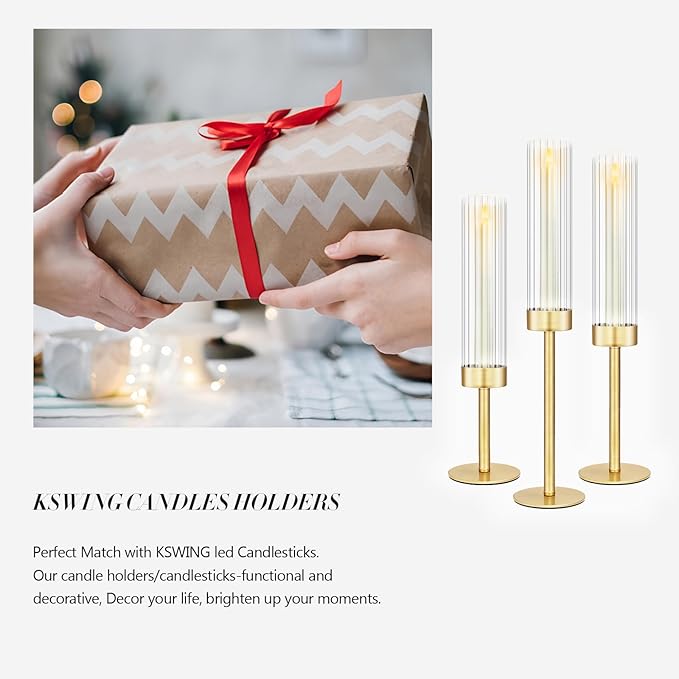 Glass Hurricane Candlestick Holders Gold, KSWING Set of 3 Taper Candle Holders Brass Tall Clear Candle Stand Holders, Perfect for Table Centerpiece Party Wedding Christmas Home Decor