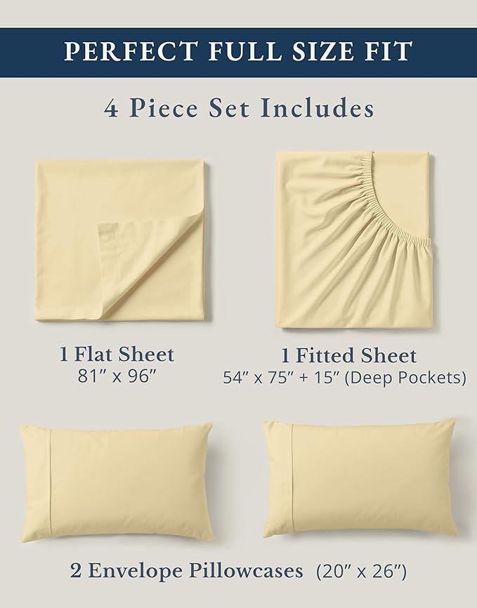 LANE LINEN 100% Organic Cotton Full Size Bed Sheets, Sustainably Produced Okeo Tex Certified Cotton Sheets Full, Luxury Hotel Percale Soft & Comfy Comes in Variety of Colors- Vanilla