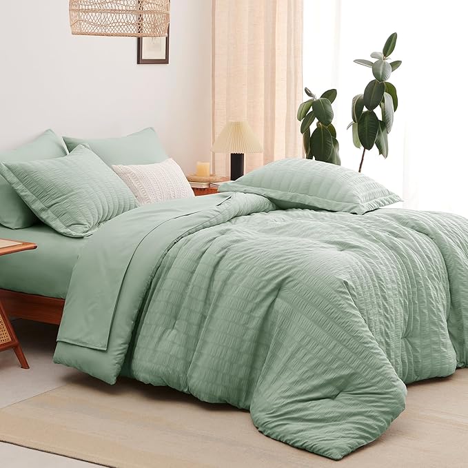 CozyLux Full Size Comforter Sets with Sheets Seersucker 7 Pieces Sage Green Bed in a Bag Textured Luxury Soft Bedding Set with Down Alternative Comforter, Sheets, Pillowcases & Shams for All Seasons