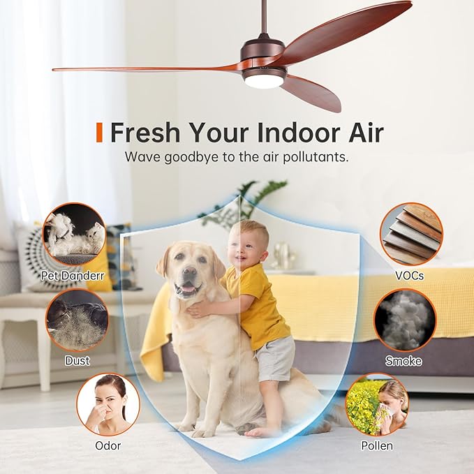 reiga 65 Inch Walnut Wood Ceiling Fan with Lights and Remote Control, Quiet Reverse DC Motor, High Airflow, Timer Function, and Built-in Air Purifier Coconut Carbon Pads for Home