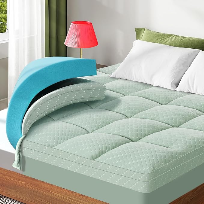 Dual Layer 3 Inch Memory Foam Mattress Topper Queen Size, 2 Inch Gel Memory Foam Plus 1 Inch Cooling Pillow Top Mattress Pad Cover, with 8-21 Inch Deep Pocket, Green