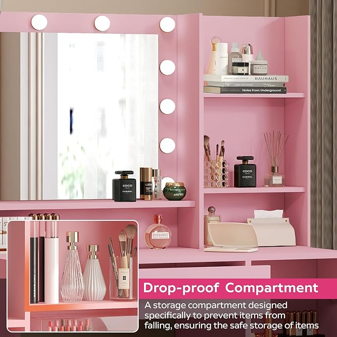 Vanity Desk with Mirror and Light, Large Drawer and Three Level Storage Dresser, 3 Lighting Modes Adjustable Brightness, Bedroom Dressing Table (Pink)