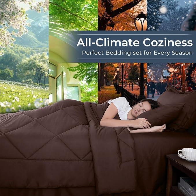 HEVUMYI Brown Full Comforter Set - 7-Piece All Season Bed in a Bag Full, Ultra Soft Bedding Set with Comforter, Flat Sheet, Fitted Sheet, Pillowcases, Pillow Shams