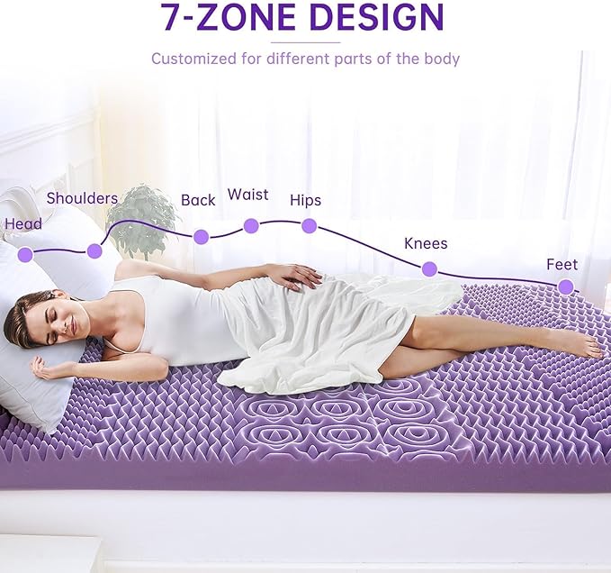 MUXHOMO 3 Inch Full Size Mattress Topper, 7-Zone Cooling Gel Infused Mattress Topper, Egg Crate Foam Bed Pad, CertiPUR-US and Oeko-TEX Certification (54"×75", Lavender)