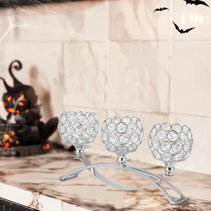 Silver Crystal Candle Holders Decorative Candelabra, Metal 3 Arm Candlesticks Holder Centerpieces for Wedding Party Baby Shower Dining Room Coffee Table Decor candelabros para centros de mesa