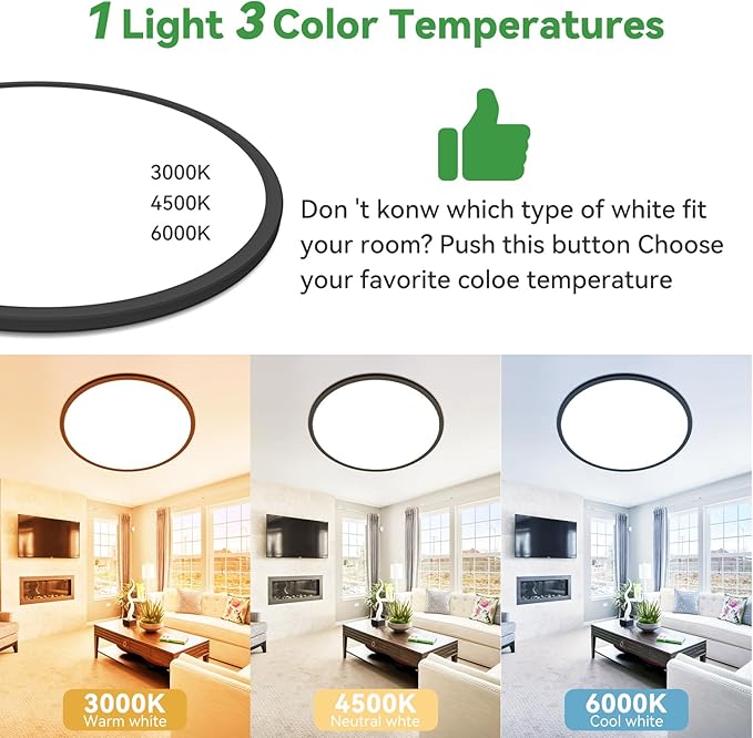 hepside 15.8INCH 2Pack Big Dimmable Flush Mount Ceiling Light Fixture Black, 3CCT 3000/4500/6000K Ceiling Lamp, 36W 4200LM Super Bright Low Profile Light for Bedroom, Kitchen, Bathroom, Hallway