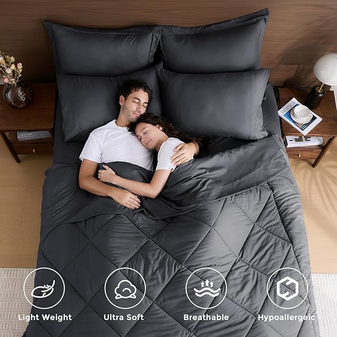 HEVUMYI 120x98 Oversized King Comforter Set Dark Grey- 7-Piece All Season Bed in a Bag Oversized King, Soft Bedding Set with Comforter, Flat Sheet, Deep Pocket Fitted Sheet, Pillowcases, Pillow Shams