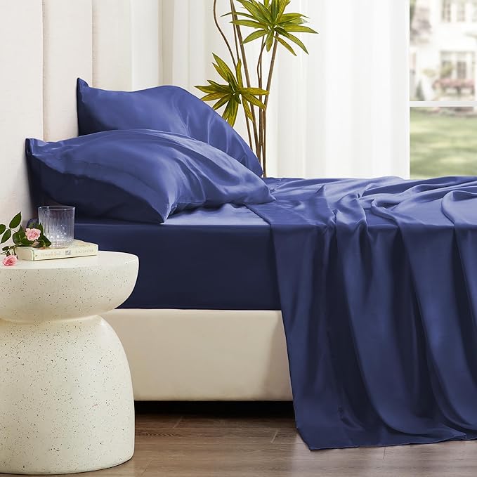 Love's cabin Satin King Sheet Sets - 4 Piece Navy Blue Silky Sheets King Size Bed with Deep Pocket, Luxury Silk Feel King Size Satin Sheet Set (1 Flat Sheet,1 Fitted Sheet,2 Pillow Cases)