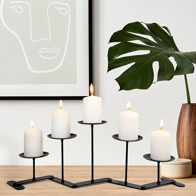 Adjustable Candelabra Candle Holder: 5 Candle Iron Candelabra Fireplace Candle Holder for Pillar Candles, Black