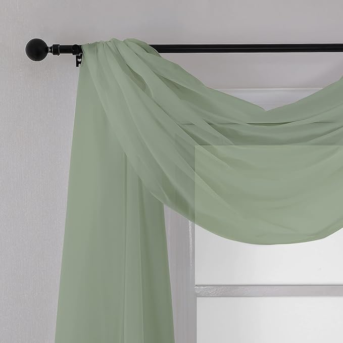 Chyhomenyc Sage Green Sheer Scarf Valances for Windows 216 Inch Extra Long, Window Scarf Drapes Rod Pocket Backdrop for Wedding Arch Draping/Party/Canopy Bed/Living Room, 2PC, 18 Feet Length
