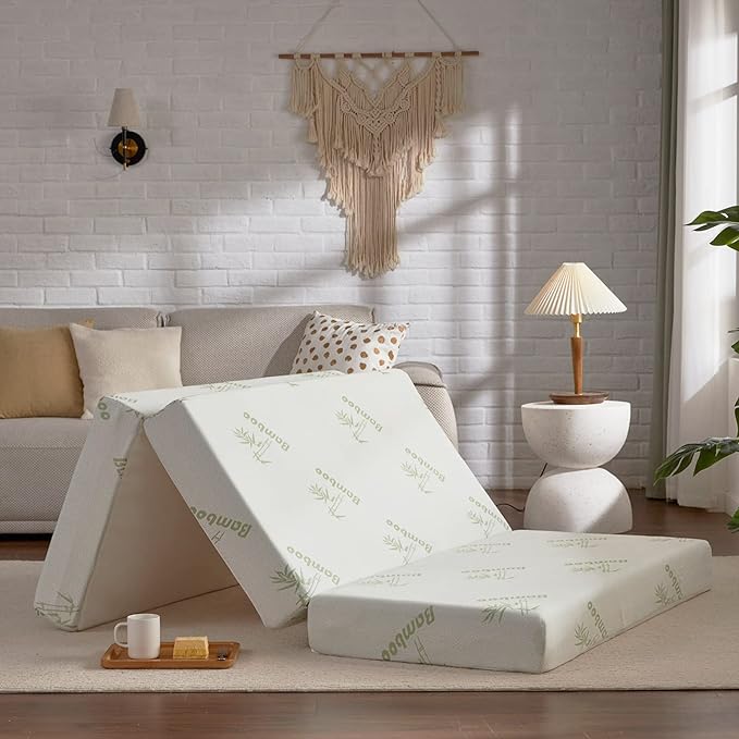 SINWEEK Memory Foam Folding Mattress, 4 Inch Foldable Trifold Mattress Topper, CertiPUR-US Certified Guest Bed with Cooling Cover & Waterproof Lining