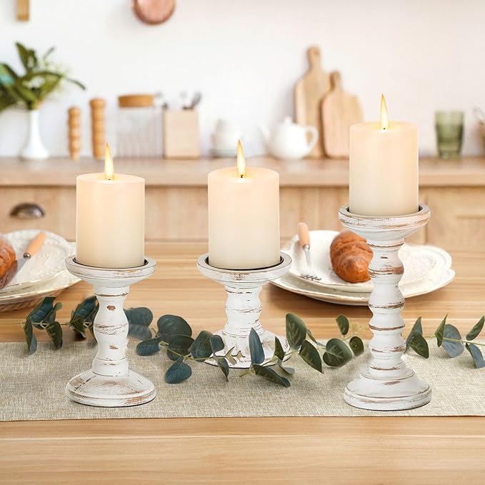 Romadedi Wood Candle Holders for Pillar Candles - Set of 3 Tall Farmhouse Wooden Candlestick Holder, Rustic Candle Stand for Fireplace Mantle Shelf Table Home Decor, Brown Whitewashed 3.9"/6"/ 8.3"