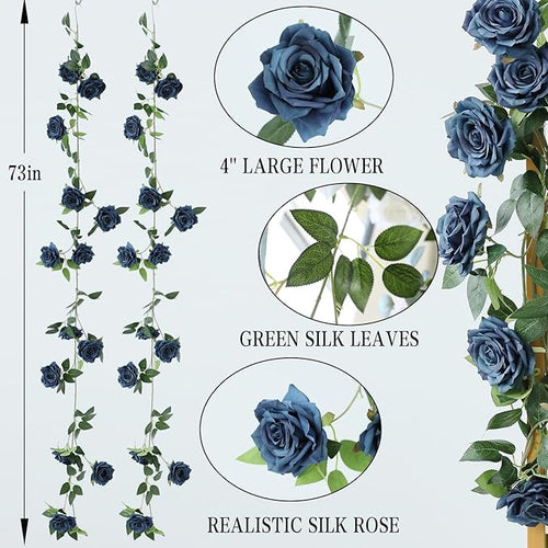 2 Strands 73'' Artificial Silk Rose Flower Vines Garland, Fake Roses Floral Green Leaves Hanging Plant for Wedding Arrangement Decoration, Wall, Party, Bedroom, Home Decor (Blue)