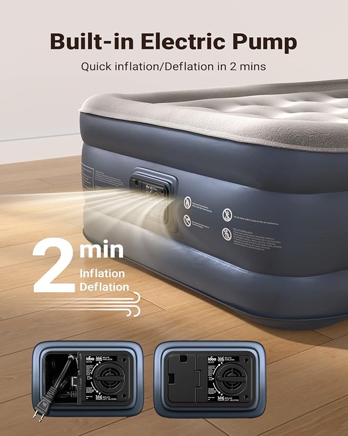 iDOO Twin Air Mattress with Built in Pump, 18" Raised Compact Blow up Mattress, Inflatable Mattress for Camping Guest Home, Portable Travel Air Bed, 2-Min Quick Inflation Deflation, Colchon inflable