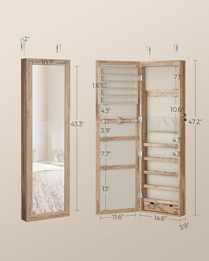 SONGMICS 6 LEDs Mirror Jewelry Cabinet, 47.2-Inch Tall Lockable Wall or Door Mounted Jewelry Armoire Organizer with Mirror, 2 Drawers, Christmas Gift, 3.9 x 14.6 x 47.2 Inches, Toasted Oak Color