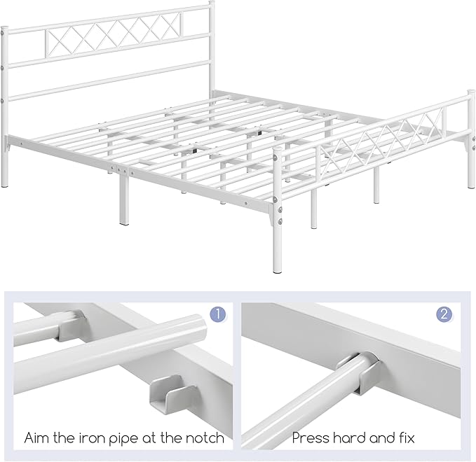 Yaheetech Metal Platform King Bed Frame Mattress Foundation with Headboard and Footboard No Box Spring Needed Under Bed Storage Steel Slats White