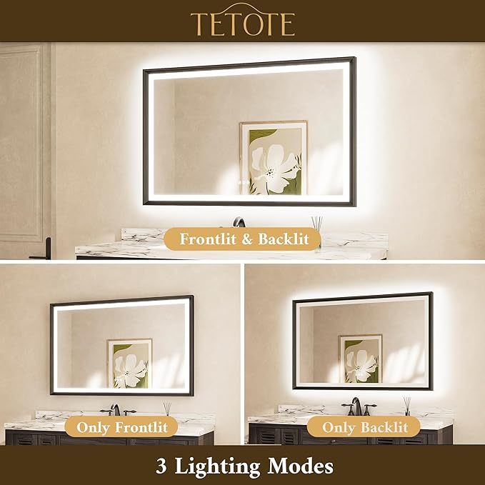 TETOTE 20x28 LED Mirror for Bathroom Black Metal Frame Frontlit & Backlit Lighted Vanity Mirror Baroque Anti Fog Stepless Dimmable White/Warm/Natural,CRI90+,Wall Mounted(Horizontal/Vertical)