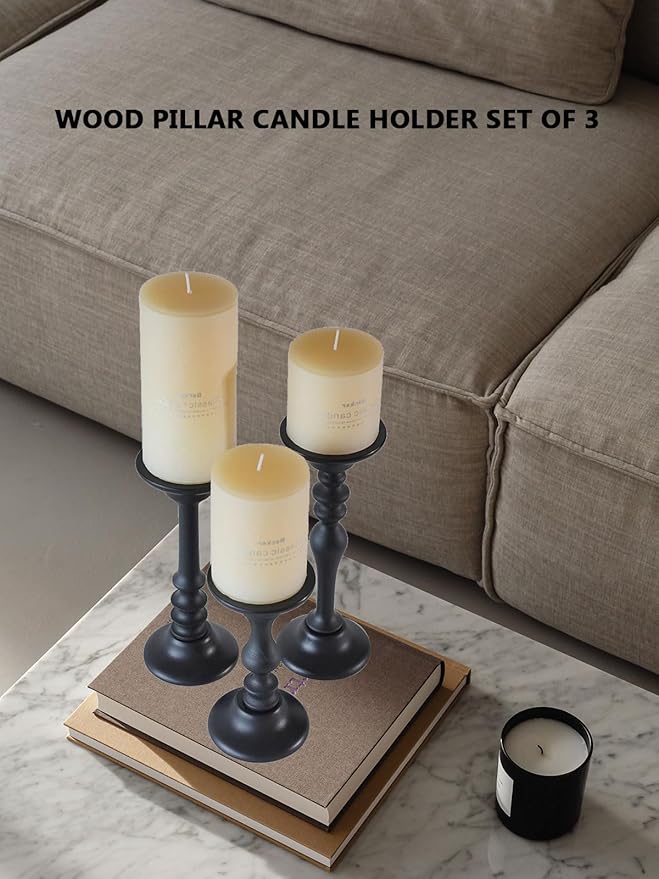Pillar Candle Holders Set of 3,Black Modern Candle Holders for Pillar Candle Jar Candles,Tall Wood Candle Holder for Farmhouse Decor