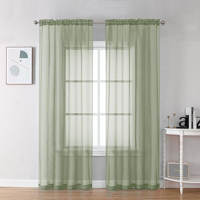 Chyhomenyc Sheer Sage Green Curtains 90 inches Long 2 Panels, Light Filtering Soft Airy Solid Elegant Voile Window Treatment Drapes for Bedroom Living Room Wedding Party Decor, 42 Wx90 L Inches