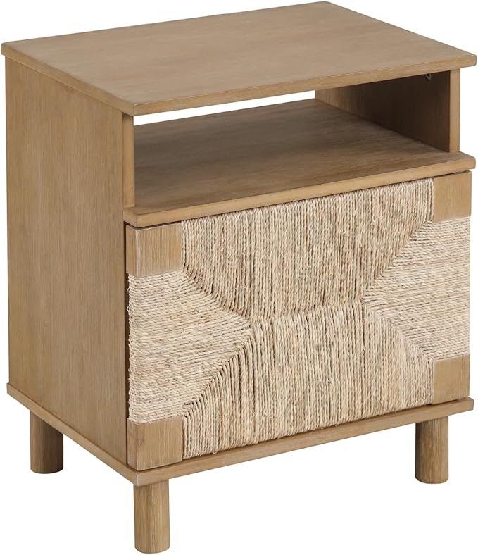 Nathan James Beacon Wood Nightstand, Bohemian Accent Table or Sofa Side Table with Seagrass Door for Bedroom or Living Room, Light Brown, Set of 2