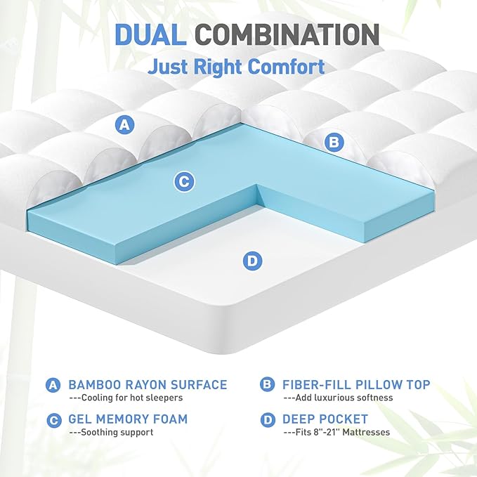 Dual Layer 3 Inch Memory Foam Mattress Topper Twin XL Size, 2 Inch Cooling Gel Memory Foam Plus 1 Inch Pillow Top Mattress Pad Cover, with 8-21 Inch Deep Pocket