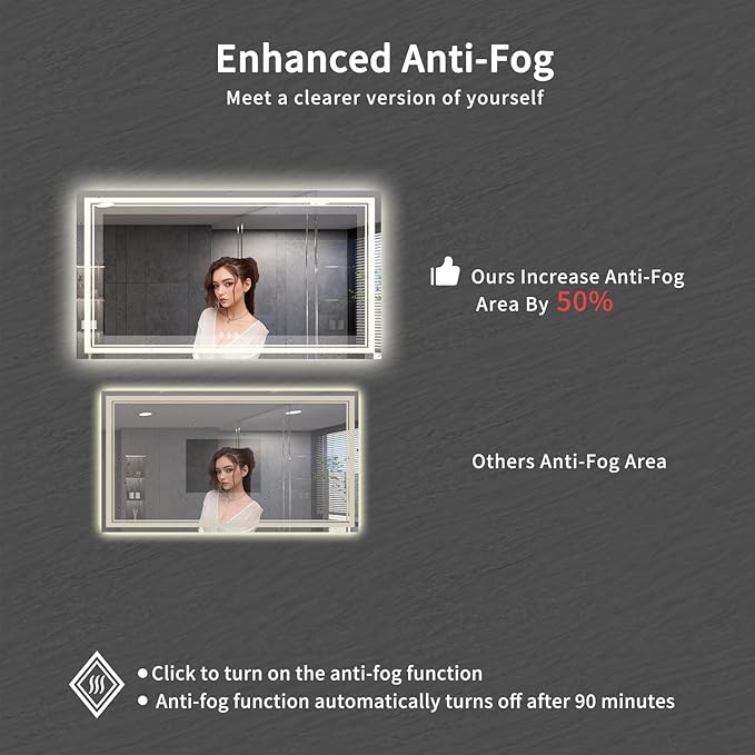 Bathroom Mirror, 72x40 Inch Gradient Front and Backlit Big LED Mirror, 3 Colors Dimmable CRI>90 Double Lights, IP54 Enhanced Anti-Fog, Hanging Plates Wall Mount Lighted Bathroom Mirror