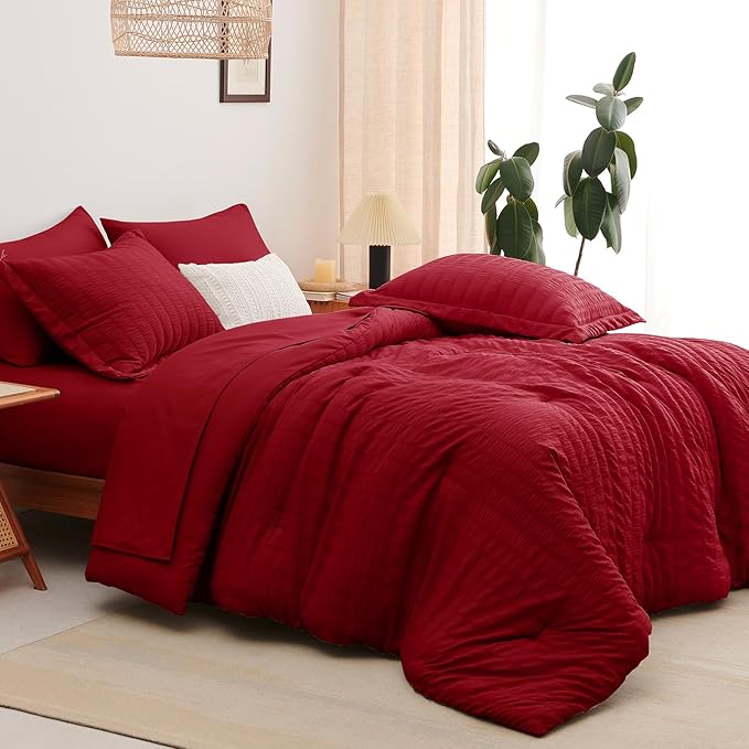 CozyLux Full Size Comforter Sets with Sheets Seersucker 7 Pieces Dark Red Bed in a Bag Textured Luxury Soft Bedding Set with Down Alternative Comforter, Sheets, Pillowcases & Shams for All Seasons
