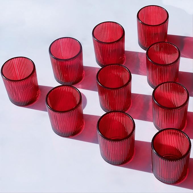 VOHO 24pcs Red Votive Candle Holders for Table Centerpiece, Ribbed Tealight Candle Holder for Christmas & Valentine's Day Decor, Vintage Glass Votive Holder for Gifts
