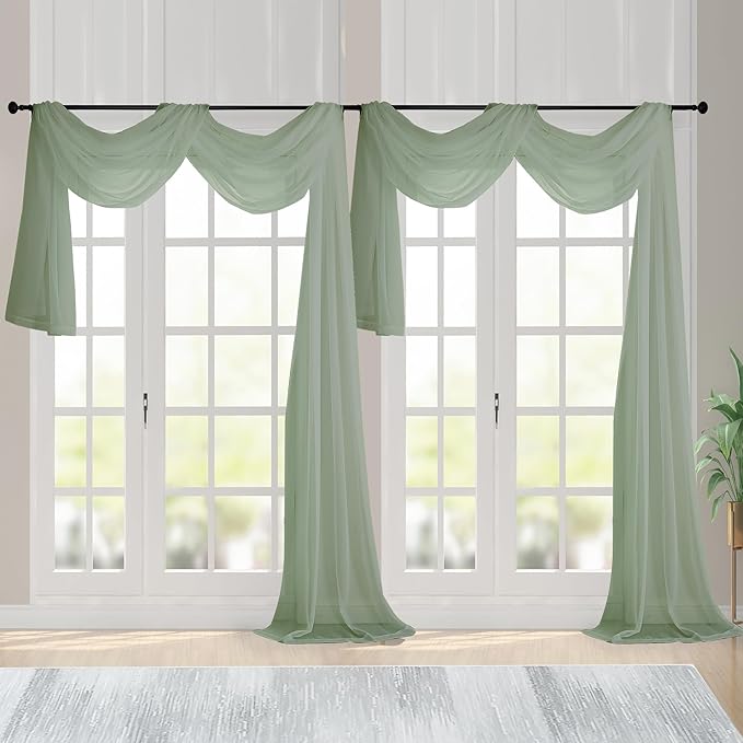 Chyhomenyc Extra Long Sage Green Sheer Curtains 144 inch 2 Panels, Translucent Backdrop Window Scarf Drapes for Canopy Bed/Wedding/Living Room/Anniversary, 12FT Length, Each 59Wx144L in, 2PCS