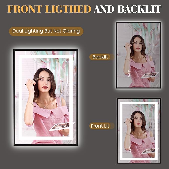 LED Bathroom Mirror,28"x36" Mirror with Black Frame, Front Light and Backlit, Stepless Dimmable, Anti-Fog, Shatter-Proof, Memory, 3 Colors, Double LED Vanity Mirror