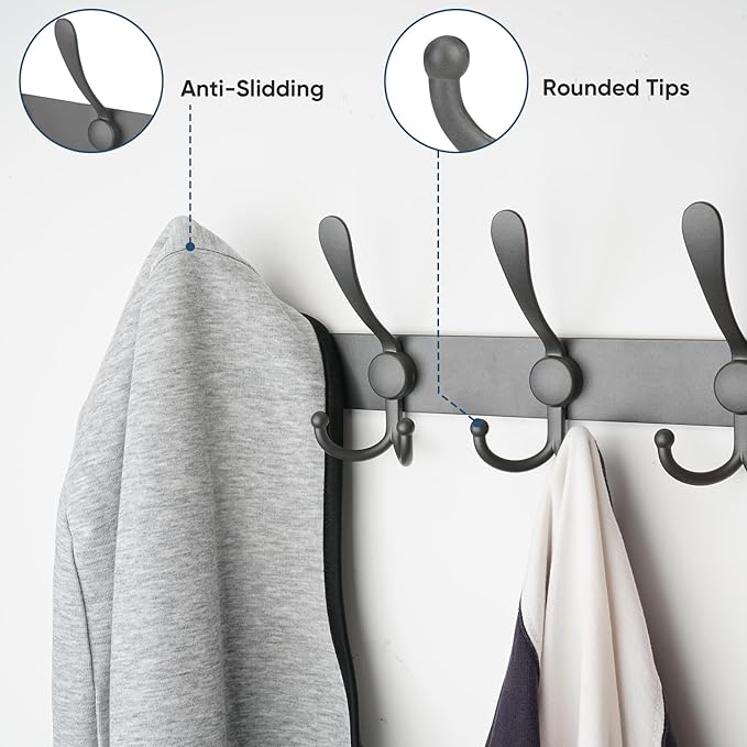TICONN Wall Mounted Coat Rack, Five Heavy Duty Tri Hooks All Metal Construction for Jacket Coat Hat in Mudroom Entryway (Space Gray, 1-Pack)