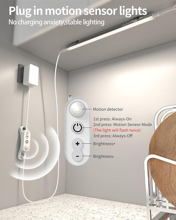 Motion Sensor Dimmable Under Cabinet Lighting, 6000K White, Plug-in, Linkable LED Closet Light Bars, 12-inch 2 Pack