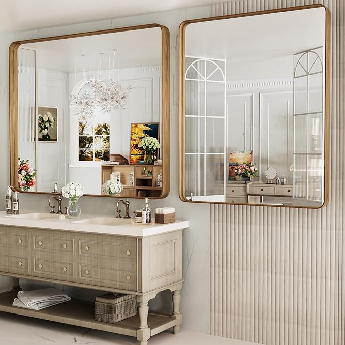 LOAAO 48X40 Inch Bathroom Mirror with Wood Grain Colored Metal Frame, Rounded Rectangle Metal Framed Bathroom Mirror, Anti-Rust, Hangs Horizontally or Vertically, Tempered Glass